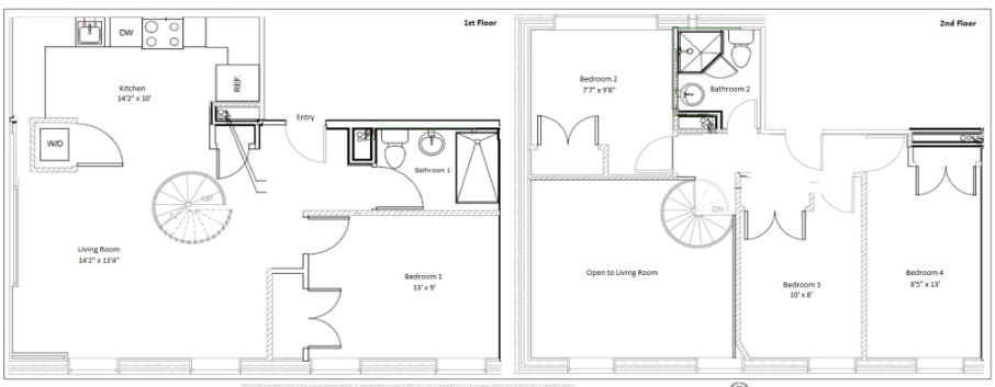 Floor plan for 4 beds, 2 baths, 850 sqft